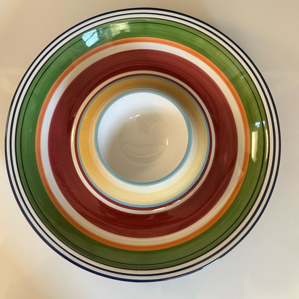 Pottery Barn Chip Dip Espadrille Stripe Bowl Platter Red Blue Green Yellow Round